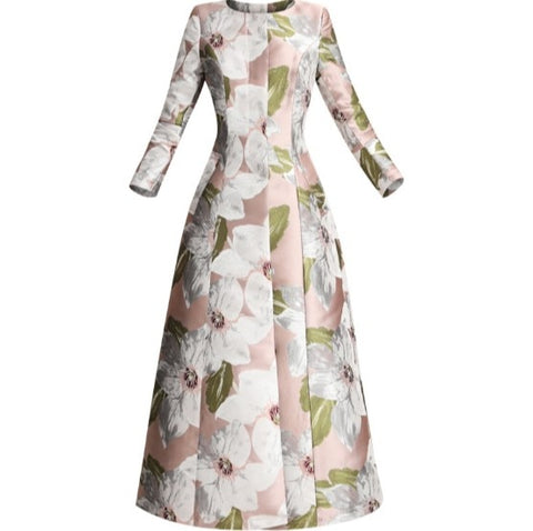 New Fashion Autumn Lady's Round Collar Slim Flower Jacquard Ultra Long Trench Coat Slim Women's Windbreakers Plus Size Overcoats