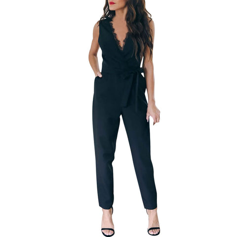 Women's Jumpsuit Polyester Women Pocket Lace V Neck Sleeveless Rompers Jumpsuit Playsuit Woman Clothes Summer Fashion Elegance