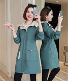 2020 New Fashion Women's Spring Jacket Female Tops Korean Style Waist Mid-Long Women's Windbreaker Coat Hooded Overcoat Blue Y11