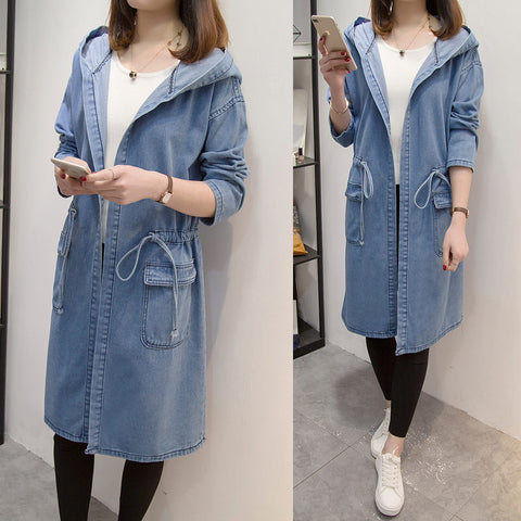 Plus Size Women's Clothing Denim Jacket Fashion Casual Retro Loose Drawstring Slim Pleated Hooded Windbreaker Jeans Jaqueta K190