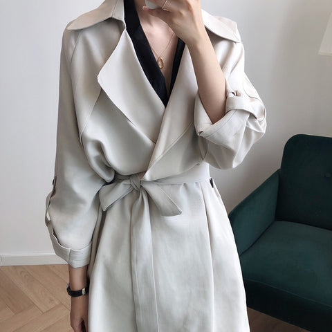 Fashion Women Trench Coat Solid Black Elegant Casual Overcoat Long Vintage Simple Korean Party Women's Jacket Spring MM60WFY