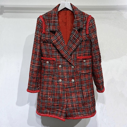 European and American women's clothing 2020 summer new style  Long-sleeved double-breasted red plaid tweed  Fashion jumpsuit