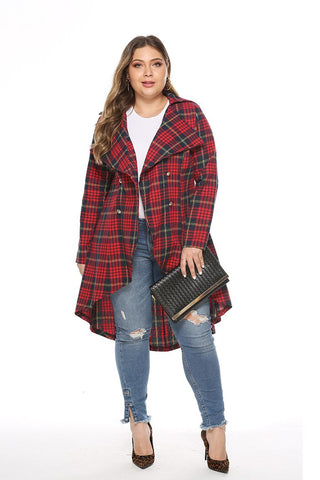 Plus size women's Asymmetric length coat plaid buckle long blouse coat plaid trench coat fashion coat casual women's coats