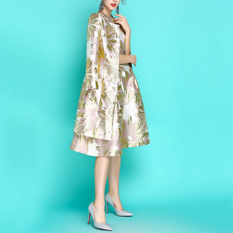 2019 New Fashion Women's Luxurious Floral Jacquard Embroidery Long Windbreaker Single-breasted Trench Coat + Dress Two Piece Set