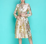 2019 New Fashion Women's Luxurious Floral Jacquard Embroidery Long Windbreaker Single-breasted Trench Coat + Dress Two Piece Set